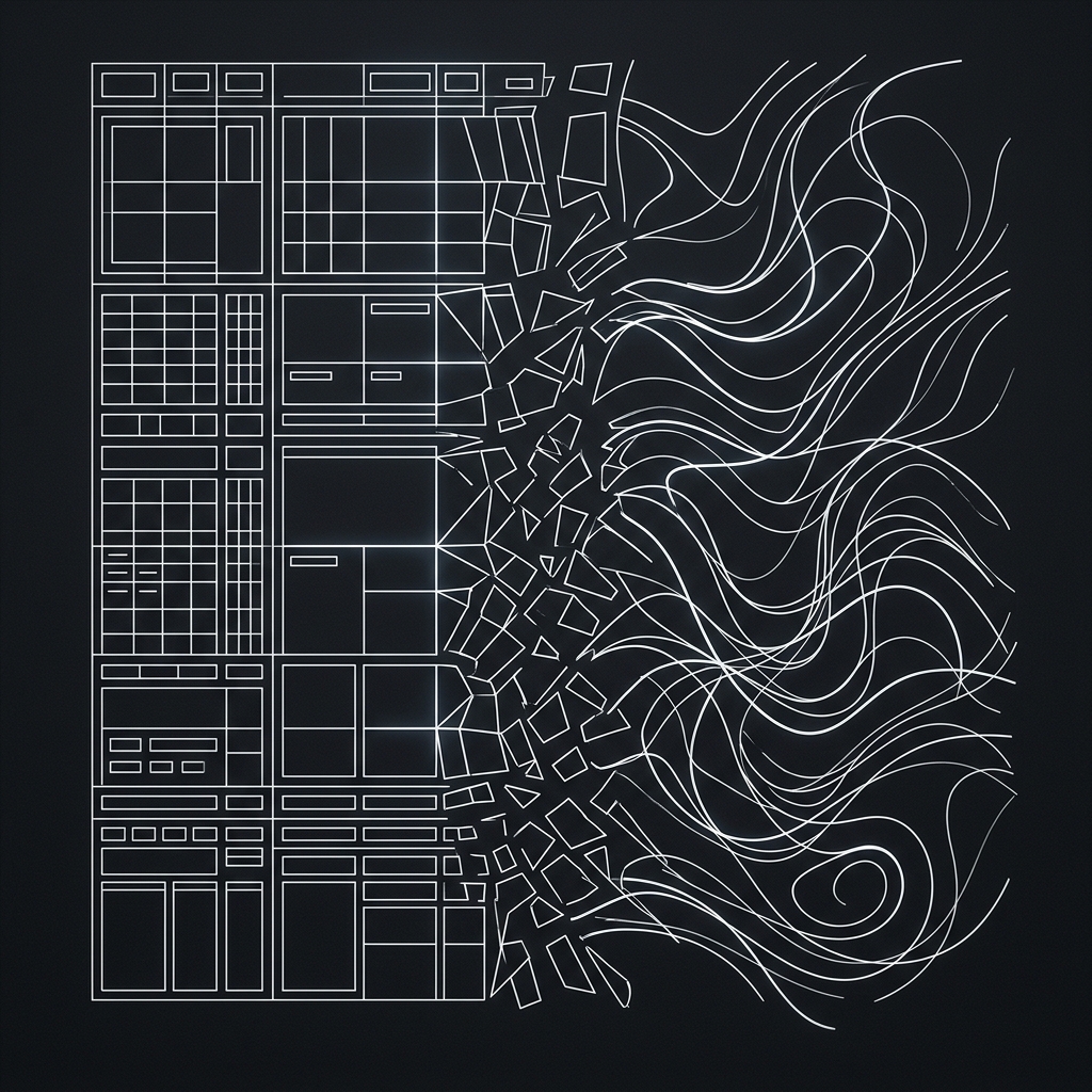 Rigid software grid dissolving into adaptive forms